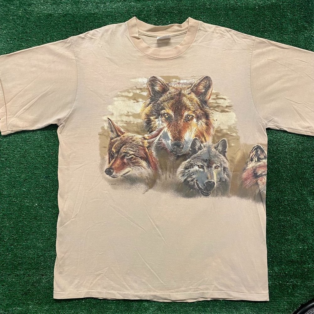 Vintage 90s Wolf Fox Nature T-Shirt Beige Single Stitch XL Gorpcore Western